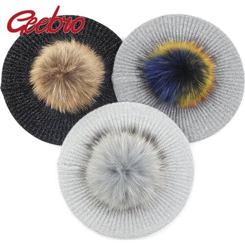 Geebro Fashion Women Winter Warm Wool Blend Beret Hat Girls Beret Hat Slouchy Female Bonnet Caps with 15cm Real Fur ball Pompom