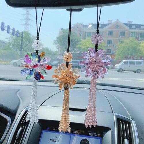 Crystal Car Pendant Crystal Ball Rearview Mirror Car Ornaments Tassels Handmade Beaded Car Pendant Female