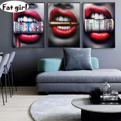 Red lips with money poster diamond painting 5d canvas picture cross stitch diy embroidery home decor mosaic wall art