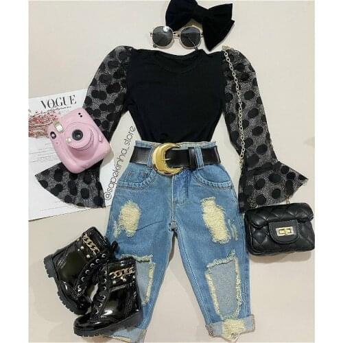 1-6Y Kids Girl Two-piece Clothes Sets Autumn Spring Fashion Outfits Dots Mesh Long Flared Sleeves Tops+Holes Ripped Denim Pants