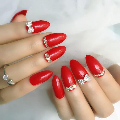 Fashion Red DIY Custom Rhinestone Long Stiletto Artificial Fake Nails Send Sticker Cover 24 Pcs of Press on Nails False Nail Tip