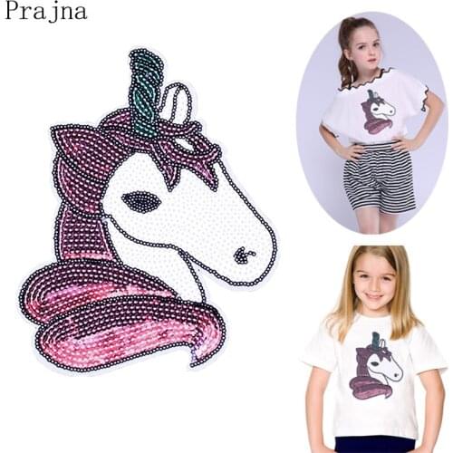 Prajna Lovely Unicorn Patch Cute Horse Iron On Patches Sequin Patches For Girl Clothes T-shirt Badge Applique Washable DIY Decor
