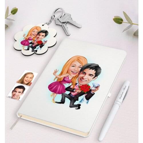 Personalized Custom Sweetheart Caricature Of White Notebook pen And Keychain Gift Seti-9 Reliable Quality Everyday Moment Gift design