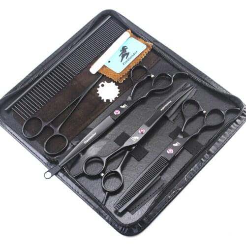 Professional Black 7 inch Dog Pet Grooming Scissors Left Handed Pets Shears Set Cutting+Curved+Thinning+Steel Comb+Bag/Tools