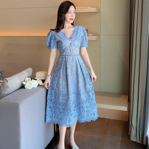 Luxury Runway Lace Crochet Hollow Out Dress 2021 Summer Women short Sleeve V-neck solid color Office Party Midi Dress