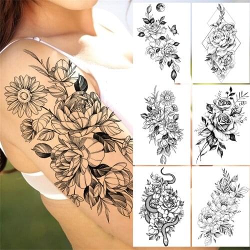 Floral Peony Temporary Tattoos For Women Adult Girls Black Snake Flower Tattoo Sticker Carnations Leaves Fake Tatoos Forearm