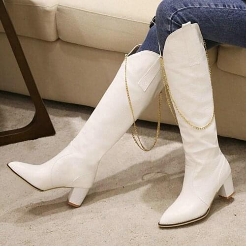 Punk Style Autumn Winter Women Western Boots Fashion Snake Pattern PU Metal Chain Decoration Pointed Toe Women Boots Black White