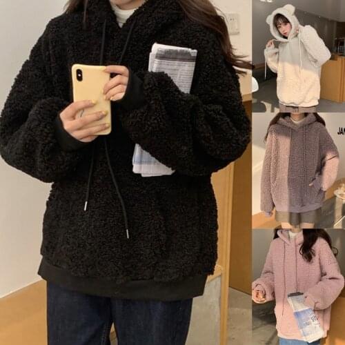 Women Faux Fleece Cute Bear Ears Hoodies Long Sleeve Sweatshirt Harajuku Solid Color Oversized Pullover Top with Pocket