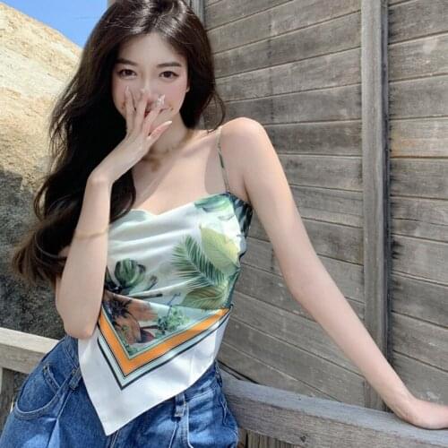 Women Spaghetti Strap Crop Tops Boho Back Tie Up Camisole Summer Fashion Print Sleeveless Vest Lady Scarf Wrapped Tube Top