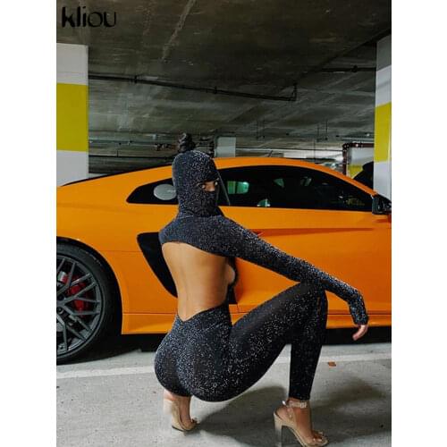 Kliou Shiny Outstanding Bodycon Hooded Jumpsuit Women Long Sleeve Sexy Backless Fashion Streetwear Skinny Slim Female Overall
