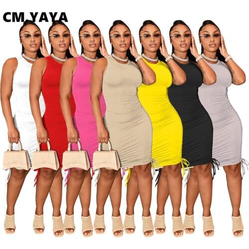 CM.YAYA Drawstring Side Ruched Women Midi Elastic Dress Solid Basic Classic Sleeveless Bodycon Pencil Mini Summer Dresses