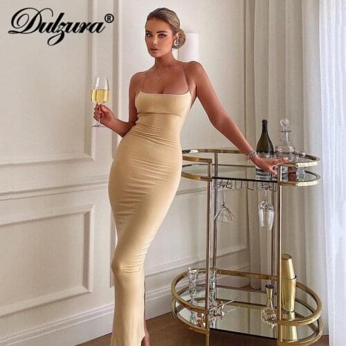 Dulzura Solid Women Strap Midi Dress Cross Slit Bodycon Sexy Streetwear Party Club Elegant 2021 Summer Clothes Slim