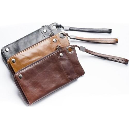 026-1 Genuine Leather Men Long Purse Zipper Waist Wallet Card Holder