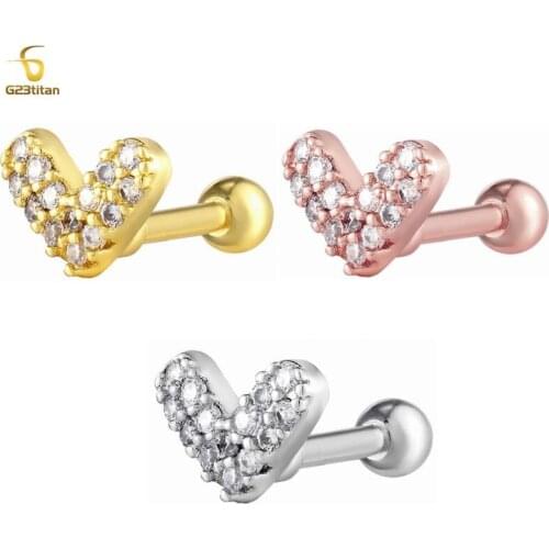 2021 New 1PC Color Stainless Steel Ear Cartilage Helix Screw Back Heart Earring Stud Cz Tragus Rook Conch Piercing Jewelry