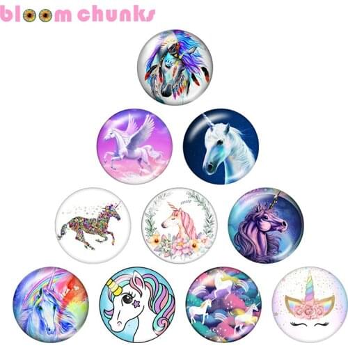 Unicorn horse 10pcs mixed 12mm/18mm/20mm/25mm Round photo glass cabochon demo flat back Making findings A3845