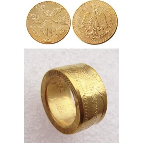 1943 Mexico Gold 50 Peso Coin Gold Plated Ring Handmade In Sizes 8-16
