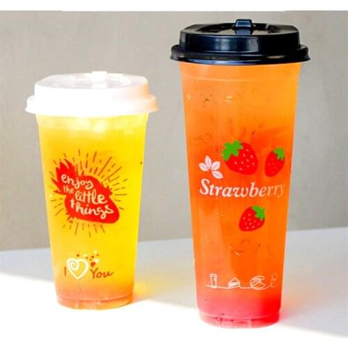 50pcs High quality fruit strawberry 90 caliber 500/700ml disposable thick plastic transparent juice milk tea drink cup with lid