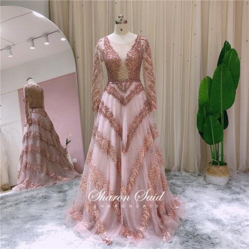 Arabic Rose Pink Long Sleeve Muslim Evening Dress 2021 Elegant Burgundy Women Wedding Party Gowns Silver Long Dubai Formal Dress