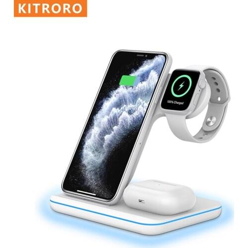 KITRORO 15W Qi Fast Wireless Charger Stand For iPhone 12 11 XR X Apple Watch 3 in 1 Charging Dock Station for Airpods Pro iWatch