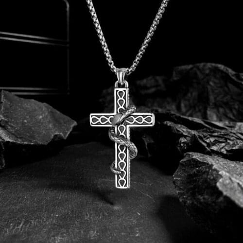 Goth Punk Cross Snake Pendant Necklace for Men Gothic Black Vintage Neck Pendants Collar Male Neck Chains Rock Fashion Jewelry