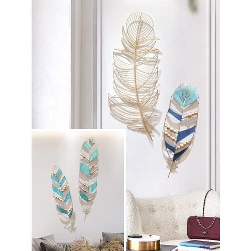 European Wrought Iron Feather Wall Hanging Decoration Crafts Livingroom Hotel Sofa Background Wall Sticker Metal Mural Ornaments