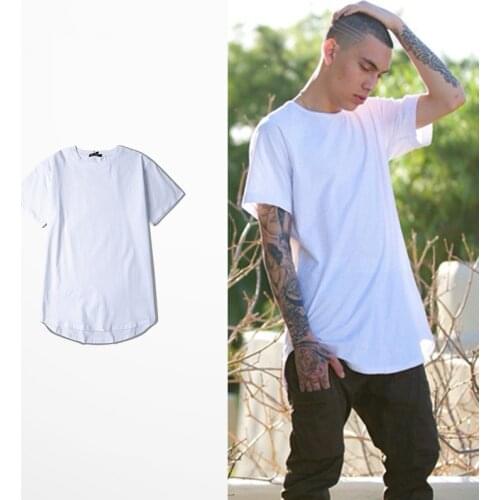 Men Urban Kpop Extended Curved Hem Short sleeve T shirt Hip Hop Mens Simple solid color Streetwear Cotton casual loose T-shirt