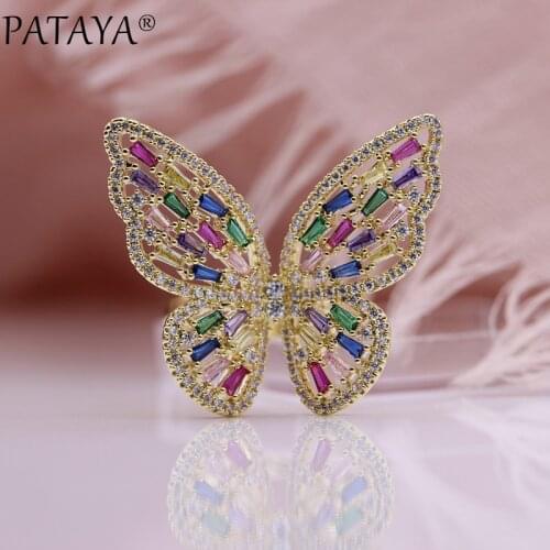 PATAYA New Square Natural Zircon Open Rings 585 Rose Gold Colorful Butterfly Animal Rings For Women Wedding Fine Fashion Jewelry