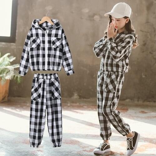 Casual Clothing Hoodie Suit for Children New Products for Spring Autumn 2021Children Leisure Clothing Black and White Plaid 2pcs