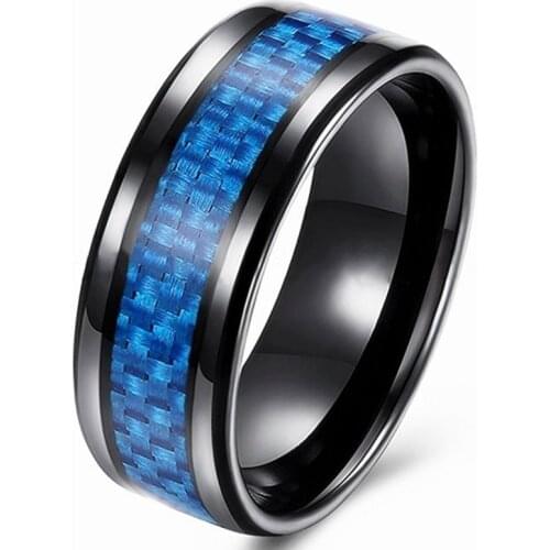 FDLK Mens 8mm Black Stainless Steel Ring Blue Carbon Fiber Wedding Band Polished Finish Comfort Fit US Size 6-13