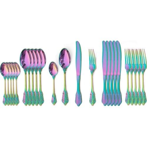 24Pcs Colorful Tableware Set 304 Stainless Steel Dinnerware Set Western Luxury Vintage Cutlery Set Knife Fork Spoon Dinner Set