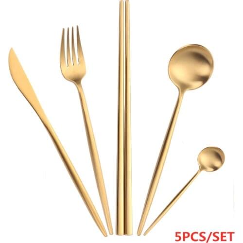 Gold Cutlery Set 5pcs Matte Forks Knives Spoons Set 18/10 Stainless Steel Dinner Dinnerware Set Fork Spoon Knife Chopsticks Set