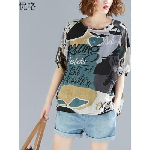 2019 Summer New Cotton Linen T Shirt Plus Size Abstract Printing Women Tshirts Batwing Big Size Loose Tee Shirt Female 5XL 6XL