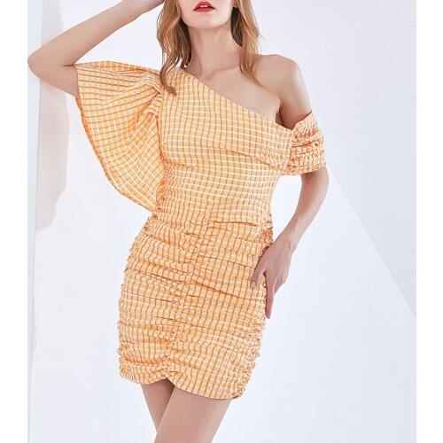New Arrival Women Plaid Dress Elegant Sexy One-Shoulde Mini Casual Dresses 3242
