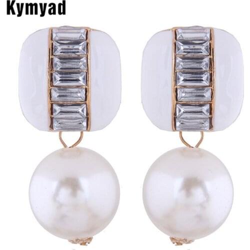 Kymyad 2019 Long Earrings Simulated Pearl Statement Earings Fashion Jewelry Enamel Drop Earrings Crystal Pendant Earrings
