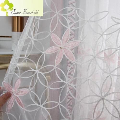High Quality Embroidery 3D Pearl Tulle Curtains for Bedroom Window Treatments White Pink Sheer for Living Room Mesh Yarn