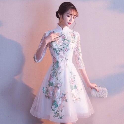 Party Evening Cheongsam Dress Oriental Chinese Style Woman Elegant Lace Qipao Sexy Wedding Prom Short Robe Retro Vestido