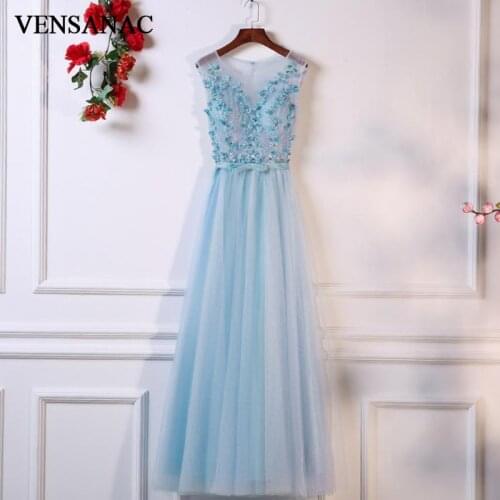 VENSANAC A Line 2018 O Neck Flowers Appliques Long Evening Dresses Elegant Lace Embroidery Party Bow Sash Prom Gowns