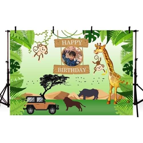 Vinyl Photography Backdrop Jungle Forest Animals Car Name and Photo Personal Photo Background Children Birthday Party Phot