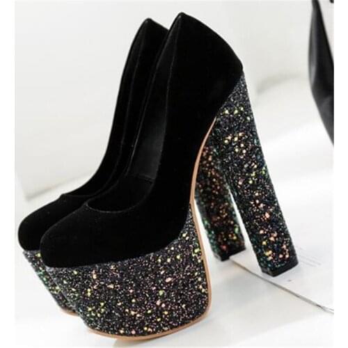Waterproof womens shoes female 17CM Thick High Heels shoes Flock Slip On Round Toe waterproof Rhinestone Bling woman shoes