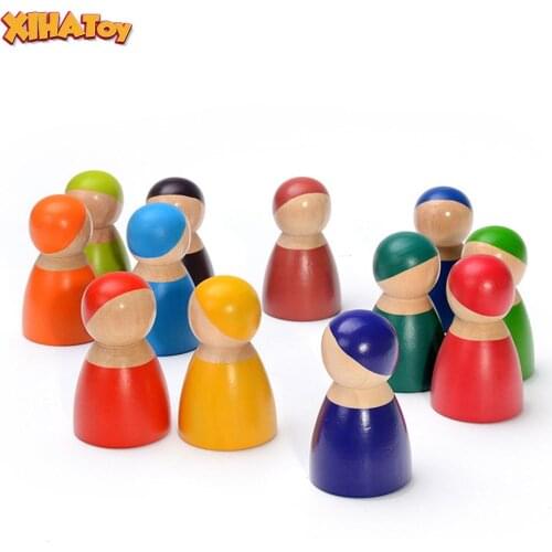 XIHATOY 12pcs Rainbow Dolls Blocks Building Montessori Blocks Baby Gift Geometric Wooden Toys For Kids Education Dropshipping