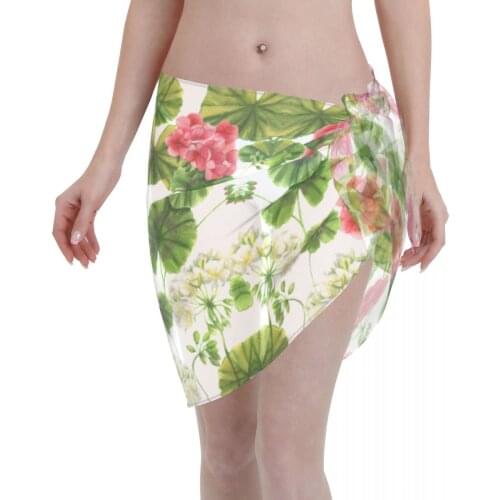 Womens Swim Wear Bikini Cover Up Botanical Geranium Flowers Beach Mini Wrap Skirt Sarong Pareo Shorts Summer Beachwear