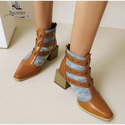 Sgesvier Black Yellow Blue Women Ankle Boots Mixed Color Square Toe Ladies Short Boots PU Leather Buckle Women Thick Heel Shoes