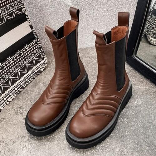 All Match Platform Slip On Handmade Genuine Leather Women Boots Flat With Comfortable Women Shoes Casual Ankle Boots Mujer Botas