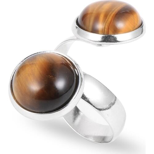 Women Men Natural Double Round Gem Stone Tiger Eye Rings Crystal Onyx Copper Helix Open Resizable Wedding Finger Rings Jewelry