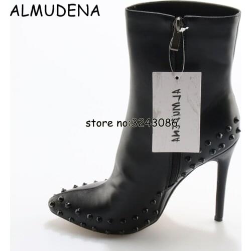 Black Leather Rivets Stiletto Ankle Boots Pointed Toe Sexy Woman High Heels Short Boots Top Quality Women Studs Pumps Shoes