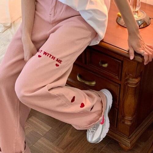 Shnsophi Pink Jeans Women 2021 New Vintage Embroidery YK2 High Waist Wide Leg Pants Baggy Harajuku Straight Mom Denim Trouser