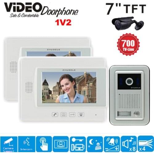 ZHUDELE Wholesale Wired Touch Key 7" Video Door Phone Intercom System Support CCTV Camera 700TVL HD Doorbell Camera 1 V 2