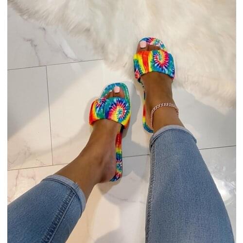 2021 Summer Womens Sandals Tie Dye Open Toe Flat Slippers Outdoor Casual Fashion Womens Shoes Plus Size