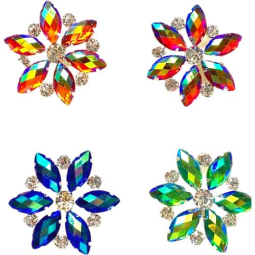 7pc/lot shiny gorgeous red blue green orange AB resin rhinestone button 43mm flower crystal applique for garment coat decoration