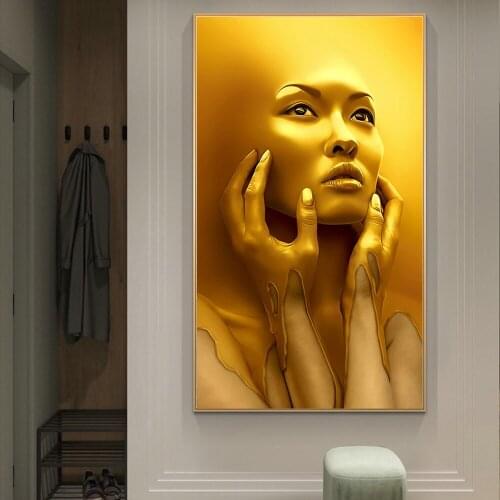 Abstract Gold Sexy Woman Canvas Art Posters Golden Face Girl Canvas Paintings on the Wall Art Pictures For Living Room Cuadros
